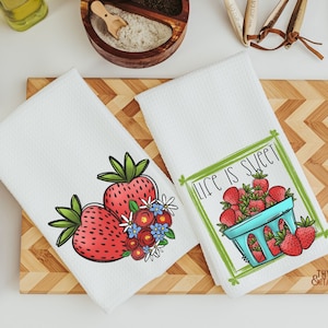 strawberry kitchen towels for Spring, life is sweet kitchen hand towels, summer decor for home, fruit kitchen decor, cute dish towels for