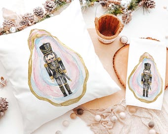 black nutcracker holiday pillows for gifts, oyster Christmas hand towels for kitchen, oyster shell Christmas decor, secret Santa gifts for