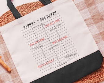 custom library due date print book lover tote bag with name, bookish Mothers day gift for wife, Mothering Sunday gifts, special date gifts