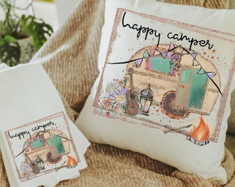 happy camper throw pillow for couch,  boho camper decor, glamping gifts, boho decor for home, RV accessories for inside, van life gift, best