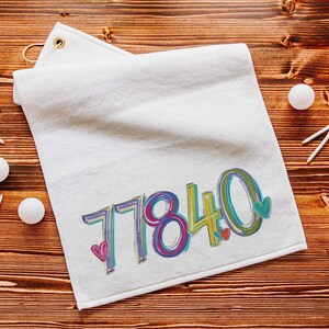 personalized golf towel with grommet, custom zip code towels golf accessories, golfing gifts for women, cute golf retirement gifts for her