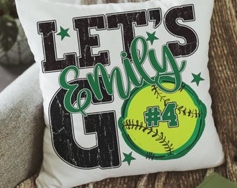 personalized lets go name pillow for teen girl, green softball decor, cute softball gifts for girls, team number gifts, 18x18 pillow cover