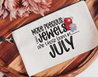 more precious than jewels Proverbs 3:15 wristlet clutch with strap, July birthday gifts for her, July birth flower zipper pouch for women