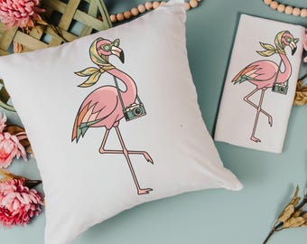 trendy flamingo decorative pillows for bedroom, bnb decor, whimsy decor bathroom hand towels, vacation rental decor, flamingo gifts for her