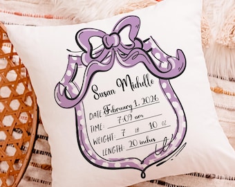 custom birth stats decorative pillows for nursery, personalized baby keepsake gift, lavender nursery decor, sentimental Mothers day gifts