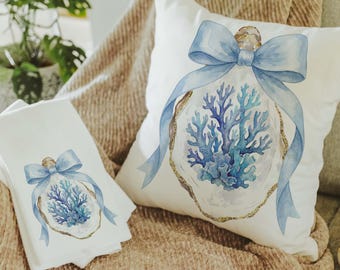 Oyster shell blue coral decorative pillows for home, blue bow oyster shell hand towels