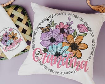 personalized love grows here throw pillows for bedroom, floral kitchen towels for Grandma gifts from baby, Grandparents day gift, Grandma to