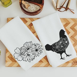 floral chicken kitchen towels for Spring, black and white farmhouse kitchen decor, cute chicken gifts for women, chicken mom gift, flower