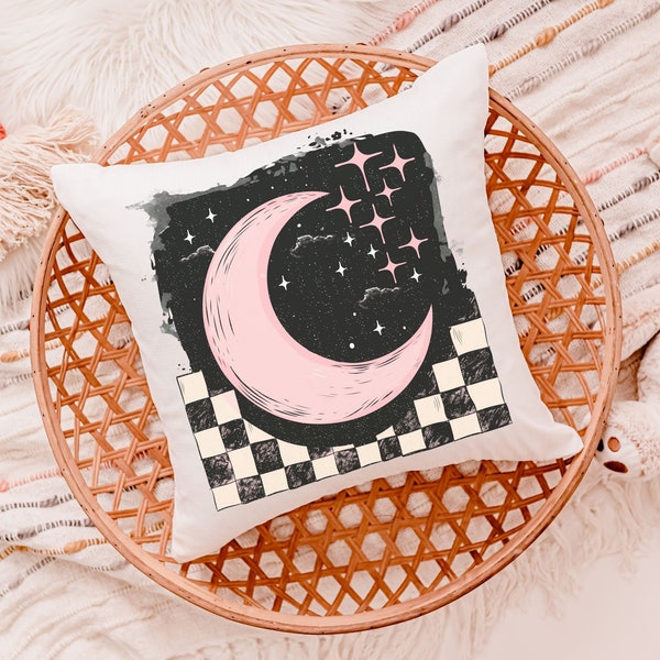 blush pink crescent moon throw pillow for kids room, outer space nursery decor, spacecore reading nook pillow for girls, college dorm decor