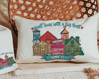 custom main street Valentine throw pillows 12 x 20, personalized small town big heart tea towel for couples, zip code home gift for in laws