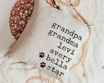 personalized family names throw pillow for couch, pet name pillow, unique wedding gifts for couple, dog parents gift, modern farmhouse decor