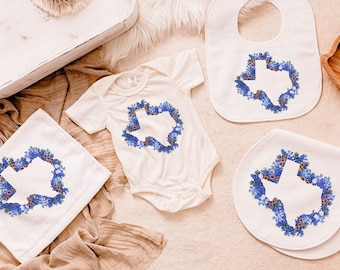 Texas bluebonnets baby girl layette set, Texas state flower baby bibs girl, cute Texas baby gift girl, floral Texas baby bodysuit bundle