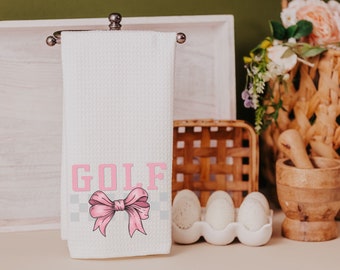 pink bow golf towels for women, golf mom era coquette hand towels for sports, lady golfer towel, golfing gifts for girls, cute golf gifts