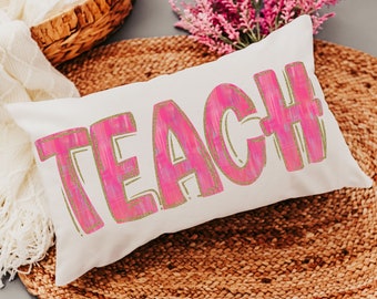 pink teach lumbar pillow for chair, cute teacher appreciation gifts for preschool teachers, kindergarten teacher office, best gifts for
