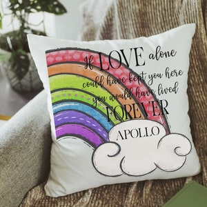 personalized dog rainbow bridge throw pillow for couch, remembrance pillow for sofa, grieving dog loss sympathy gift for women, loss of dog
