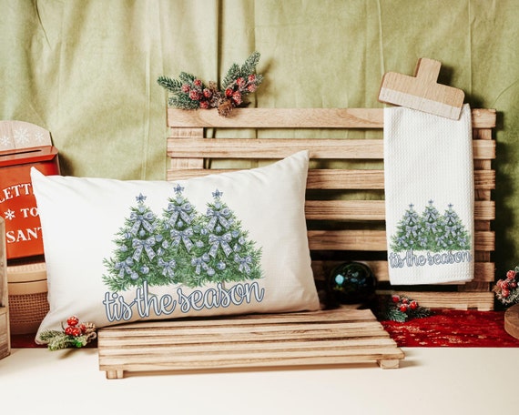 tis the season Christmas lumbar pillows for chair, blue chinoiserie Christmas pillow covers 12x20, trendy Christmas hostess gifts for women