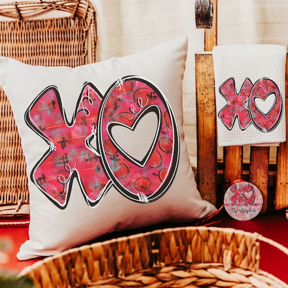 xo valentine throw pillow for bed, cute Valentines wedding gifts for couple, personalized Valentines ornaments for a tree, hugs and kisses