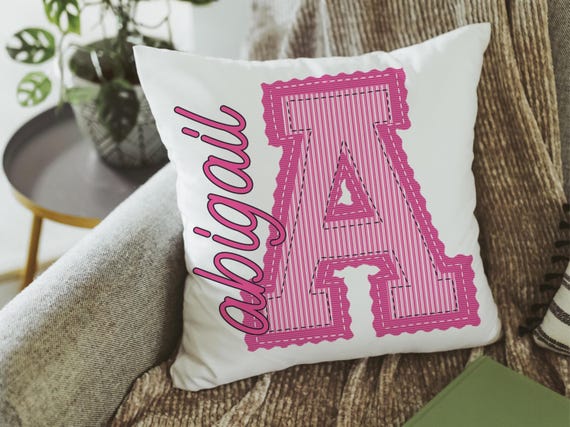 personalized bright pink seersucker pillow for granddaughter, preppy throw pillow with name, tween girl gifts, Christmas gifts for college