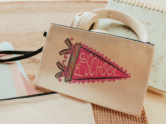 pink pennant coquette pencil pouch with zipper, preschool school essentials, preschool back to school gifts for teachers, school supplies