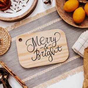 merry and bright Christmas charcuterie board wood, winter serving tray for food, cute cutting board and coasters, Christmas hostess gifts