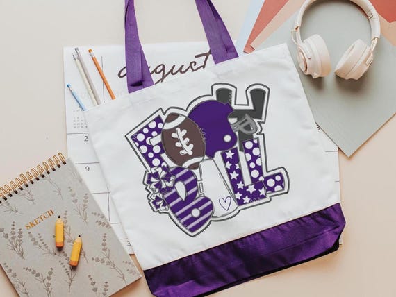 high school football cheer tote bag for school, tailgate essentials, purple school spirit tote bags for back to school, cheer squad gifts