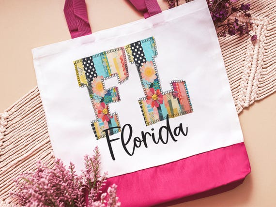 faux patchwork Florida tote bag for beach, Florida Christmas gifts for realtors, cruise tote bags for women, moving to Florida gifts, best
