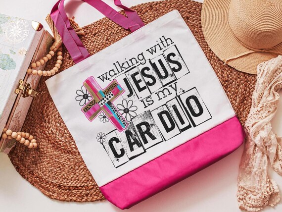 walking with Jesus Christian tote bags for women, religious Christmas gifts for godmother, walking with the Lord is my cardio faith based