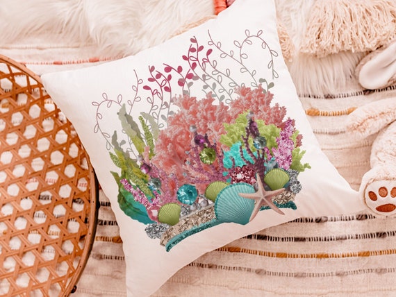 mermaid vibes colorful throw pillow for teenage girls, coral reef nursery decor girl, mermaid decor for girls room, reading nook pillow