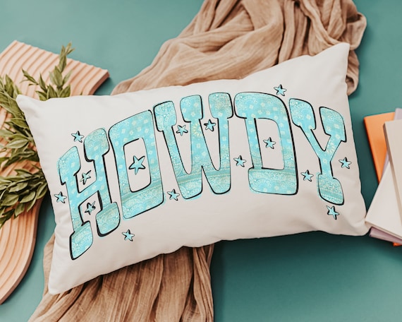 howdy throw pillow for couch, country western nursery decor, turquoise bandana print lumbar pillow, cowgirl baby shower gifts, rocking chair