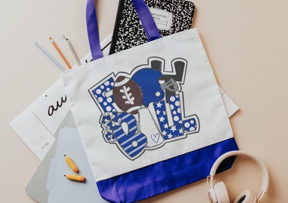 royal blue football tote bag for school, back to school gifts for teachers, school spirit gear, football cheer gifts for seniors, game day