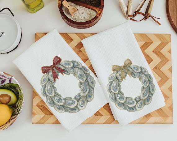 oyster shell Christmas wreath throw pillows for living room, oyster Christmas hand towels for bathroom beach Christmas gifts for neighbors