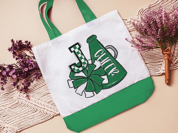 personalized kelly green cheer tote bag for school, cheerleader gifts for girls, initial tote bag for teen girls, back to school gifts for