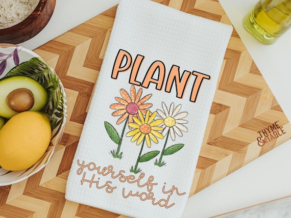 plant yourself in His word colorful daisy kitchen towel for friends, daisy gifts for women, Christian kitchen decor for Mom, adult baptism