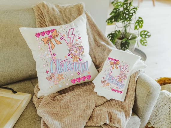custom Alabama throw pillow for bed, Alabama coquette preppy hand towel bathroom essentials, Alabama college gifts for girls, pink preppy