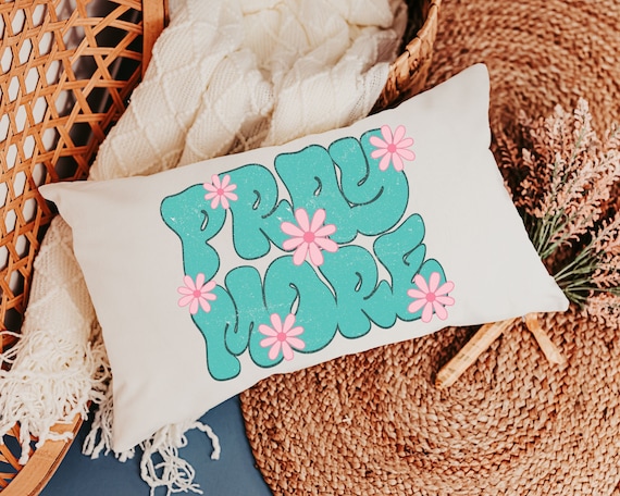 pray more turquoise Christian throw pillow for bed, godmother gift, bubble gum pink flower lumbar pillow cover 12x20, faith gifts for Mom