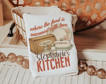 personalized seasoned with love kitchen towel for grandma, vintage inspired kitchen decor, baker gifts for her, moms kitchen hand towel for