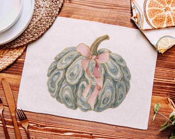Oyster shell pumpkin pink bow fall placemats for dining table, table runner kitchen table decor