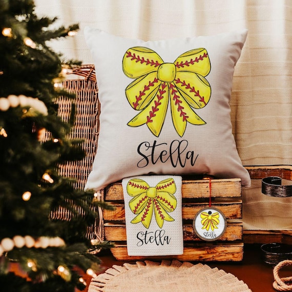 personalized softball coquette bow throw pillow with name, cute softball gifts for team, softball senior gifts for girls, softball bow rally