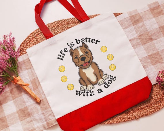 life is better with dogs pit bull mama tote bag for women, stocking stuffers for dog mom Christmas gifts for dog lovers, American bully gift