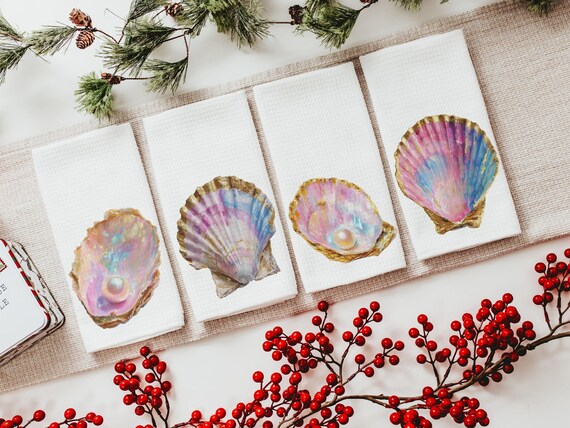 Beach oyster towels for kitchen, opalite pearl oyster throw pillow for couch, beach Christmas gifts for beach lovers, coastal decorative