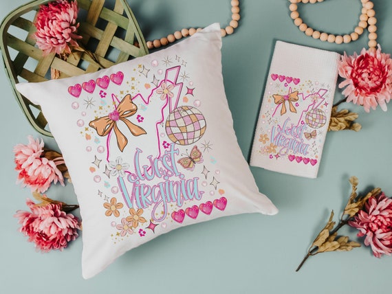 WV pillows for bed, preppy throw pillows for dorm, Charleston West Virginia gifts for women, whimsical coquette kitchen towels decorative