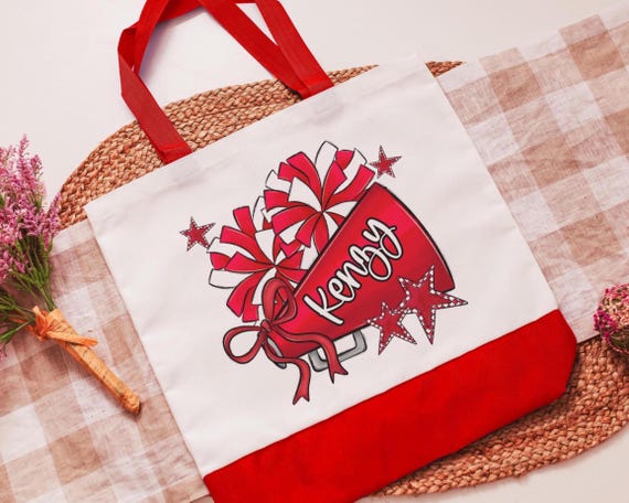 personalized red cheer tote bag with name