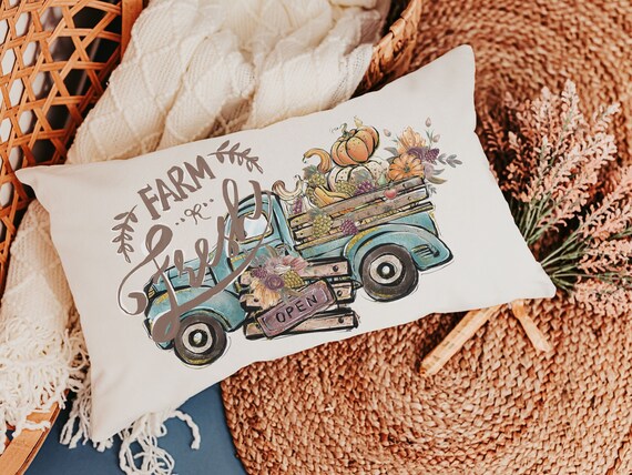 farm fresh pumpkin truck lumbar throw pillow for chair, fall style gift, turquoise fall decor for home pillow, fall host gift, watercolor