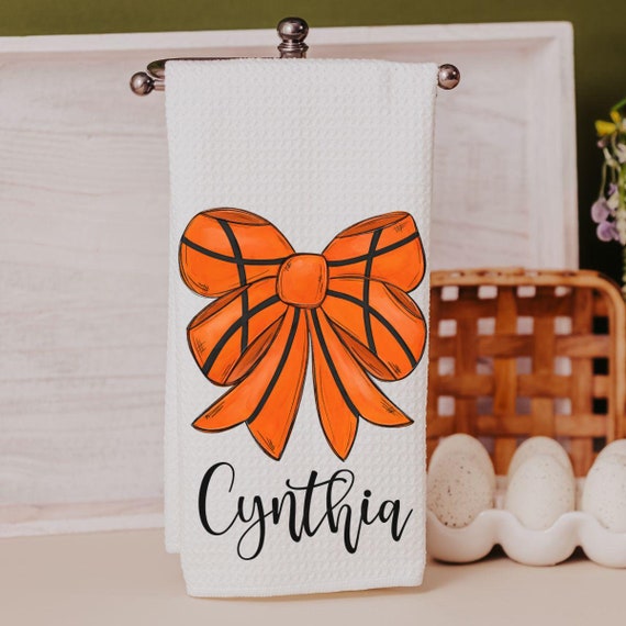 personalized basketball coquette kitchen towels with name, rally towel, girly basketball senior gifts for girls, cute basketball gifts for
