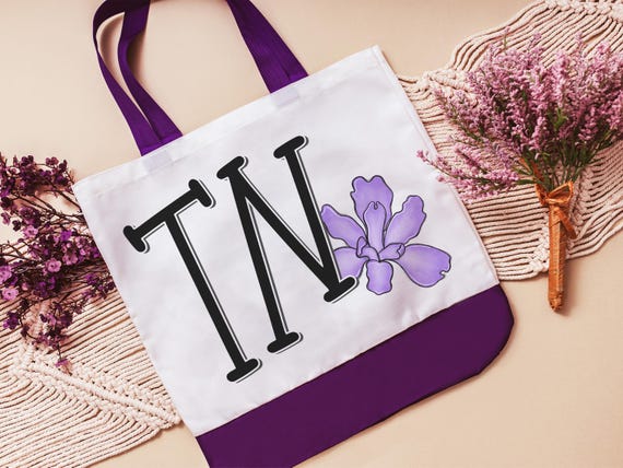 Tennessee tote bag for flowers, purple Iris gift, Tennessee Christmas gifts for realtors, TN gifts, Tennessee state flower market tote bag