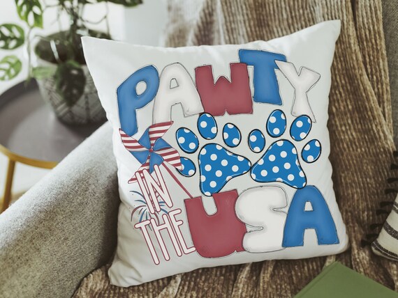 paw print party in the USA throw pillows for couch, dog mom gift, red white and blue 4th of July decor front porch pillows, patriotic gifts