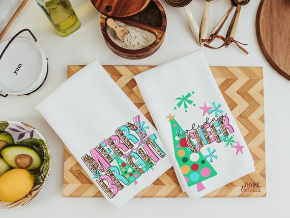 merry and bright Christmas kitchen towels, leopard print Christmas kitchen hand towels, cute Christmas hostess gifts for women, holiday