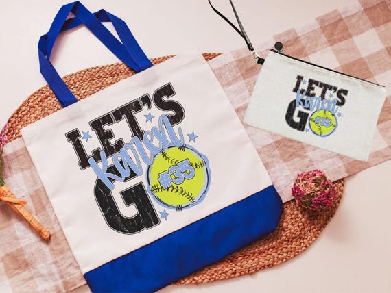 Personalized lets go softball tote bag & wristlet with zipper