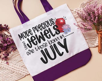 more precious than jewels birthday tote bag for women, July birthday gifts for her, Christian tote bag for Bible study, July birth flower