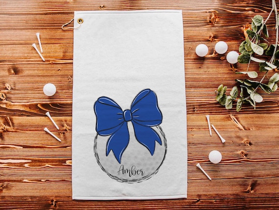 personalized royal blue school spirit golf towel with hook, cute golf bag accessories for women, golf Christmas gifts for golfers, golf mom